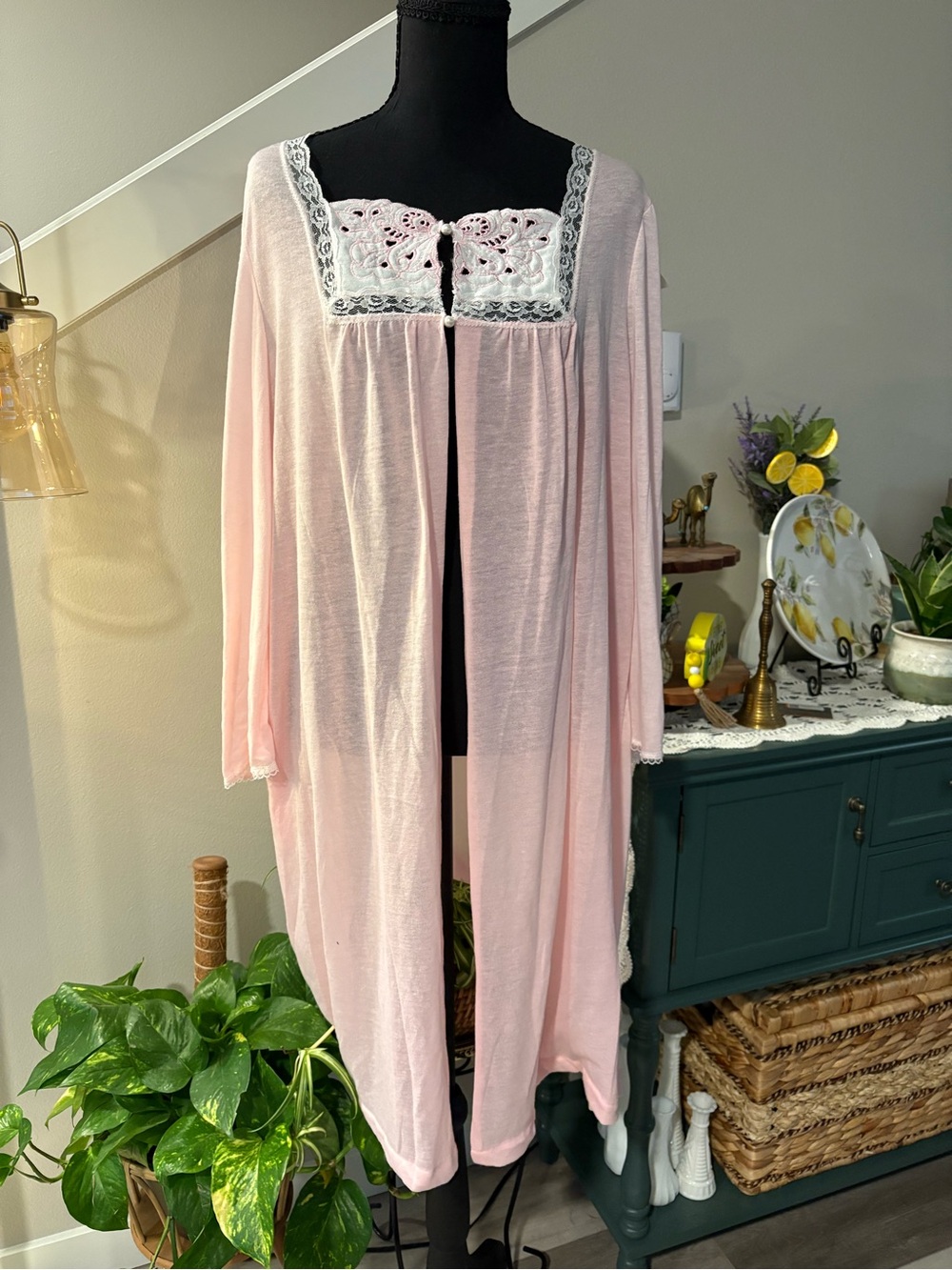 Soft Pink Lace-Trim Long Robe - Feminine Lounge Cover-Up